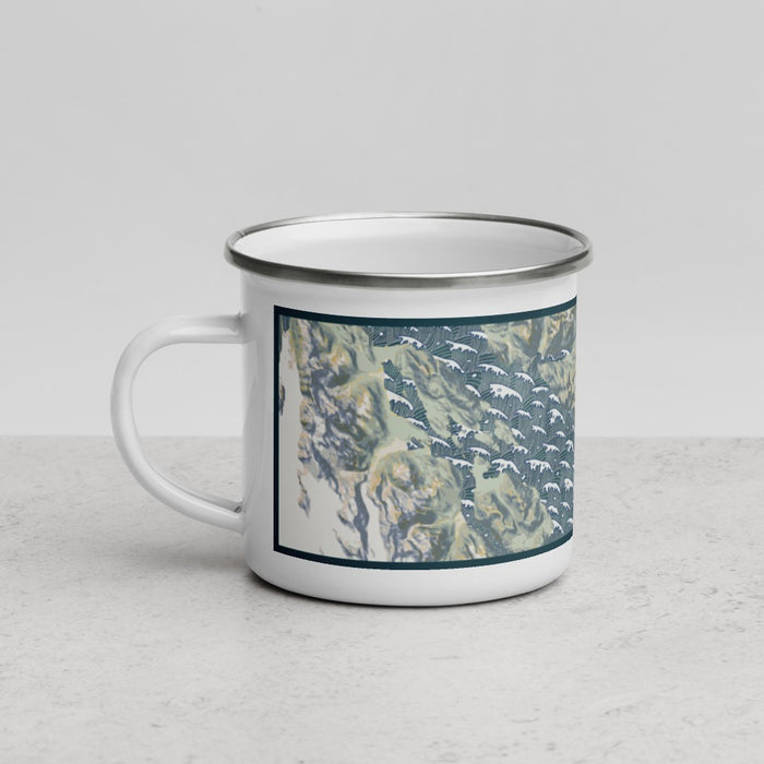 Left View Custom Glacier Bay Alaska Map Enamel Mug in Woodblock