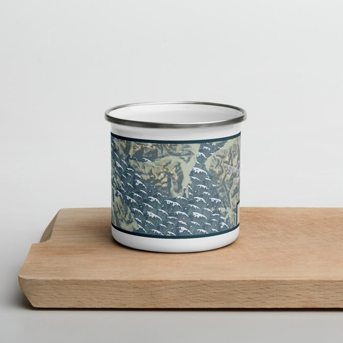 Front View Custom Glacier Bay Alaska Map Enamel Mug in Woodblock on Cutting Board