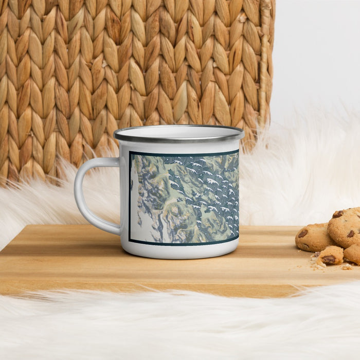 Left View Custom Glacier Bay Alaska Map Enamel Mug in Woodblock on Table Top