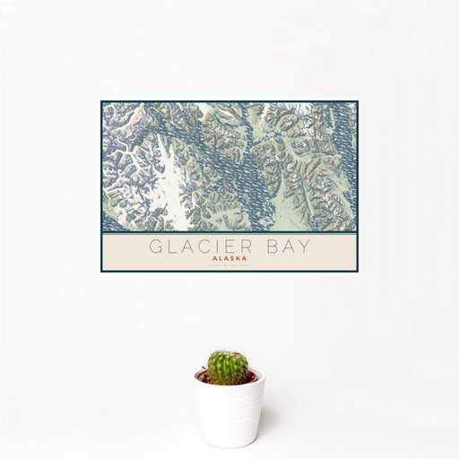 12x18 Glacier Bay Alaska Map Print Landscape Orientation in Woodblock Style With Small Cactus Plant in White Planter