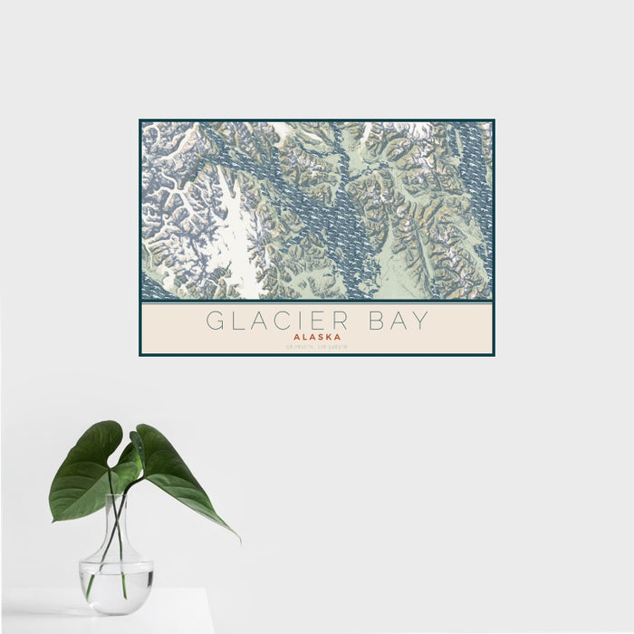 16x24 Glacier Bay Alaska Map Print Landscape Orientation in Woodblock Style With Tropical Plant Leaves in Water
