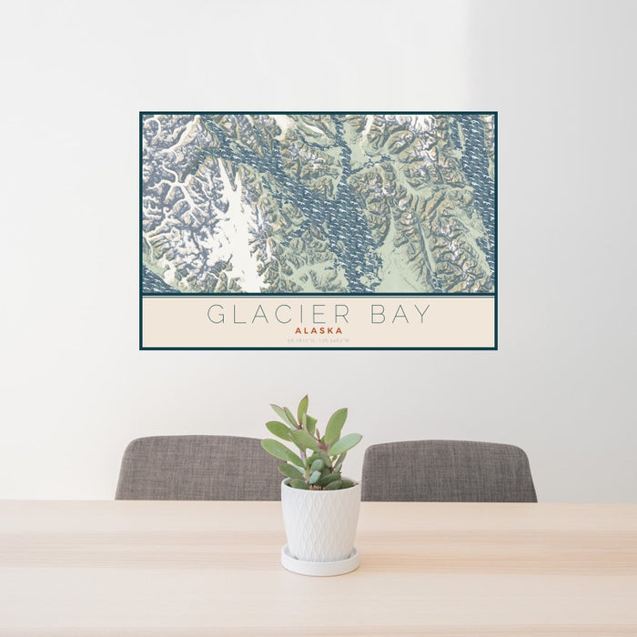 24x36 Glacier Bay Alaska Map Print Landscape Orientation in Woodblock Style Behind 2 Chairs Table and Potted Plant