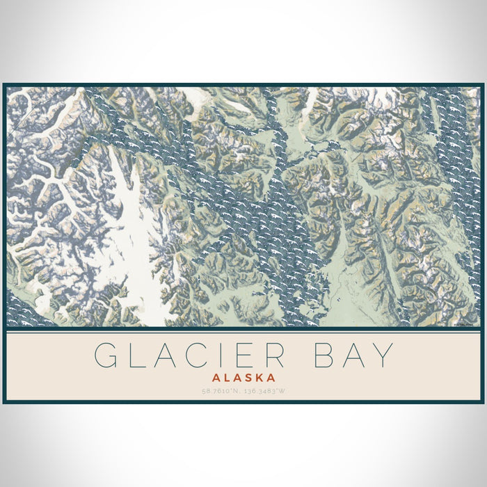 Glacier Bay Alaska Map Print Landscape Orientation in Woodblock Style With Shaded Background
