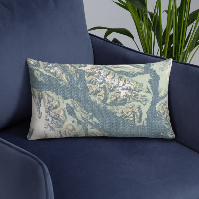 Custom Glacier Bay Alaska Map Throw Pillow in Woodblock on Blue Colored Chair