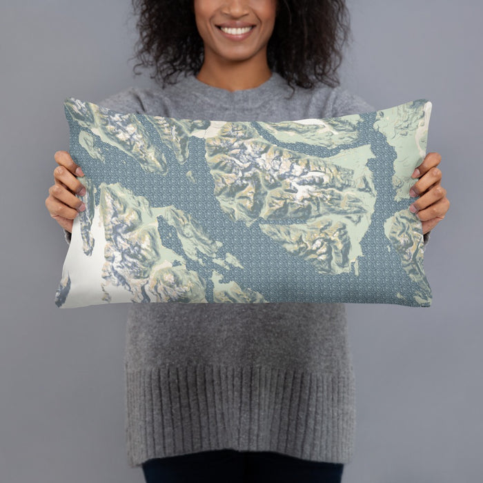 Person holding 20x12 Custom Glacier Bay Alaska Map Throw Pillow in Woodblock