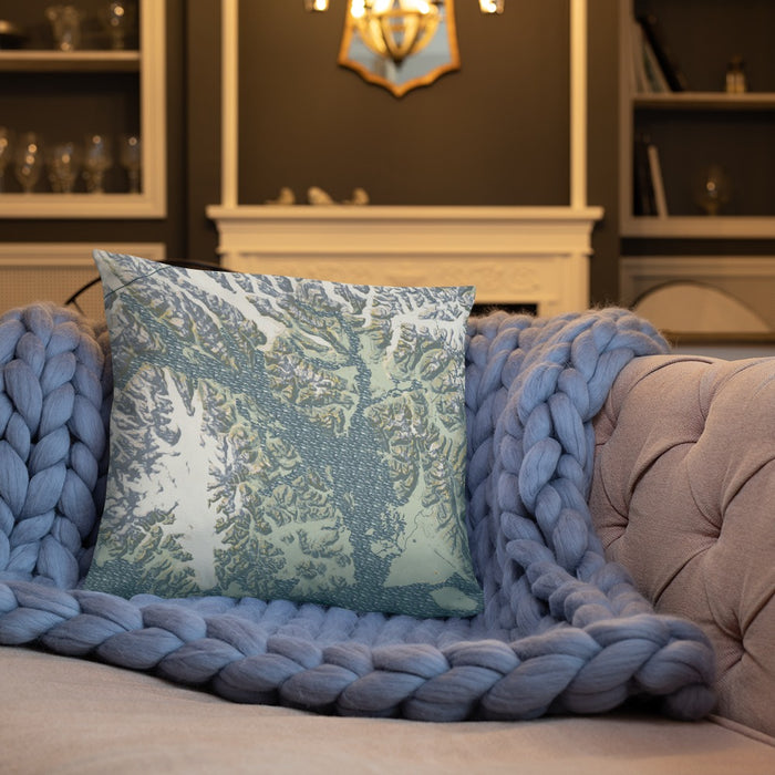 Custom Glacier Bay Alaska Map Throw Pillow in Woodblock on Cream Colored Couch
