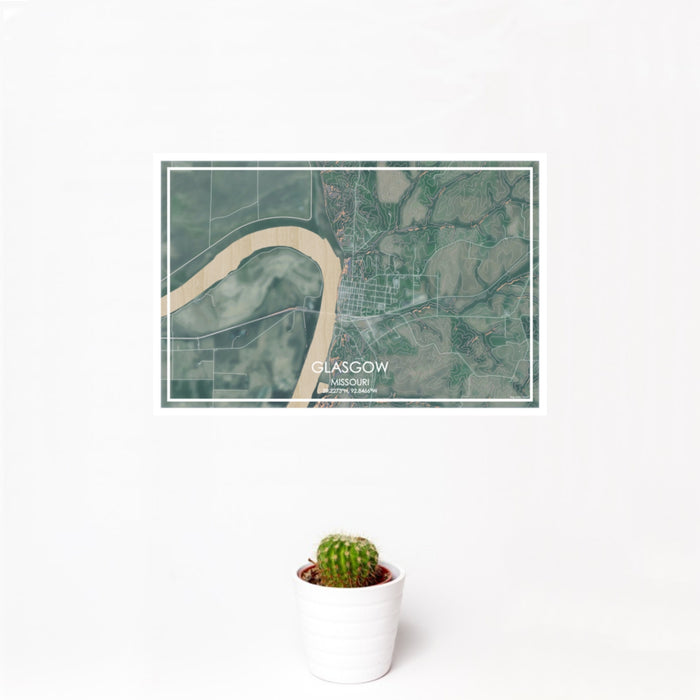 12x18 Glasgow Missouri Map Print Landscape Orientation in Afternoon Style With Small Cactus Plant in White Planter