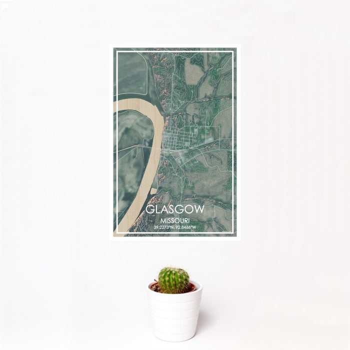 12x18 Glasgow Missouri Map Print Portrait Orientation in Afternoon Style With Small Cactus Plant in White Planter