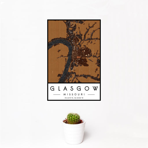 12x18 Glasgow Missouri Map Print Portrait Orientation in Ember Style With Small Cactus Plant in White Planter