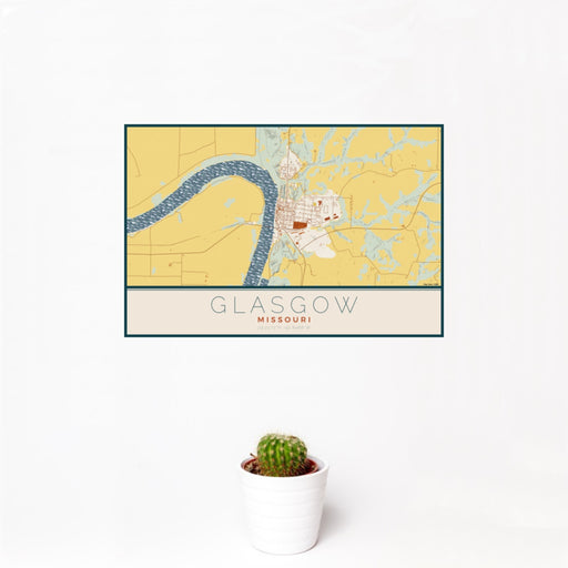 12x18 Glasgow Missouri Map Print Landscape Orientation in Woodblock Style With Small Cactus Plant in White Planter