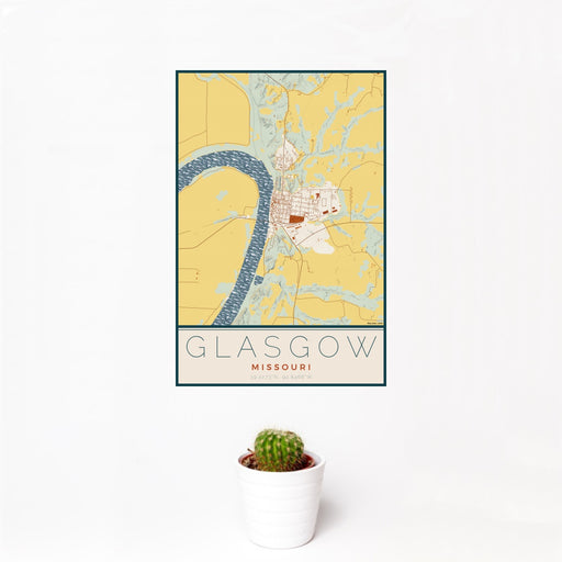 12x18 Glasgow Missouri Map Print Portrait Orientation in Woodblock Style With Small Cactus Plant in White Planter