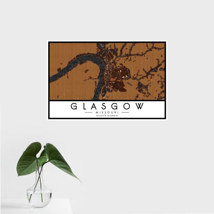 16x24 Glasgow Missouri Map Print Landscape Orientation in Ember Style With Tropical Plant Leaves in Water