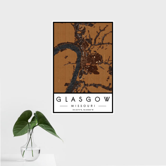 16x24 Glasgow Missouri Map Print Portrait Orientation in Ember Style With Tropical Plant Leaves in Water