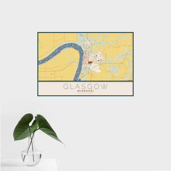 16x24 Glasgow Missouri Map Print Landscape Orientation in Woodblock Style With Tropical Plant Leaves in Water