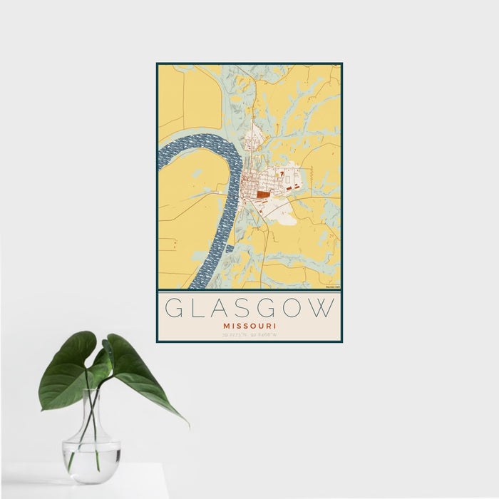 16x24 Glasgow Missouri Map Print Portrait Orientation in Woodblock Style With Tropical Plant Leaves in Water