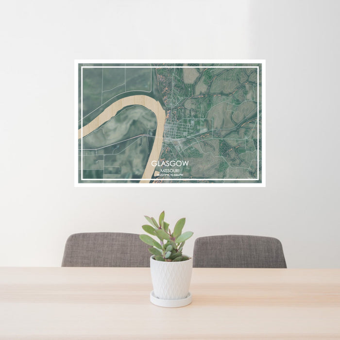 24x36 Glasgow Missouri Map Print Lanscape Orientation in Afternoon Style Behind 2 Chairs Table and Potted Plant