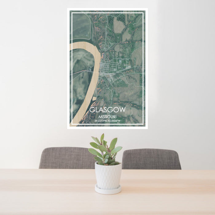 24x36 Glasgow Missouri Map Print Portrait Orientation in Afternoon Style Behind 2 Chairs Table and Potted Plant