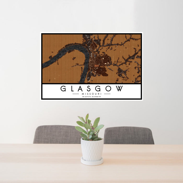24x36 Glasgow Missouri Map Print Lanscape Orientation in Ember Style Behind 2 Chairs Table and Potted Plant
