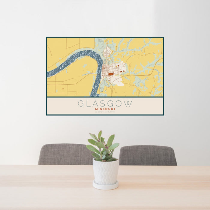 24x36 Glasgow Missouri Map Print Lanscape Orientation in Woodblock Style Behind 2 Chairs Table and Potted Plant