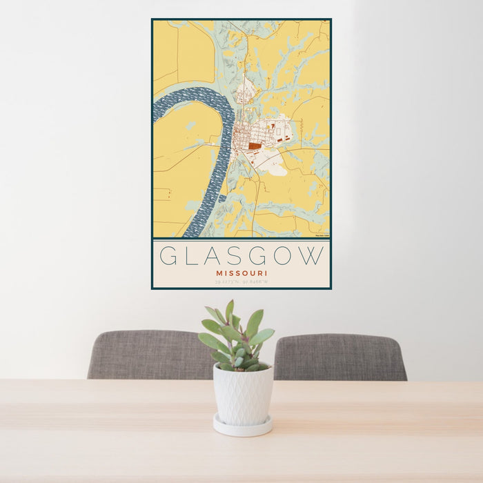 24x36 Glasgow Missouri Map Print Portrait Orientation in Woodblock Style Behind 2 Chairs Table and Potted Plant