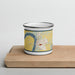 Front View Custom Glasgow Missouri Map Enamel Mug in Woodblock on Cutting Board