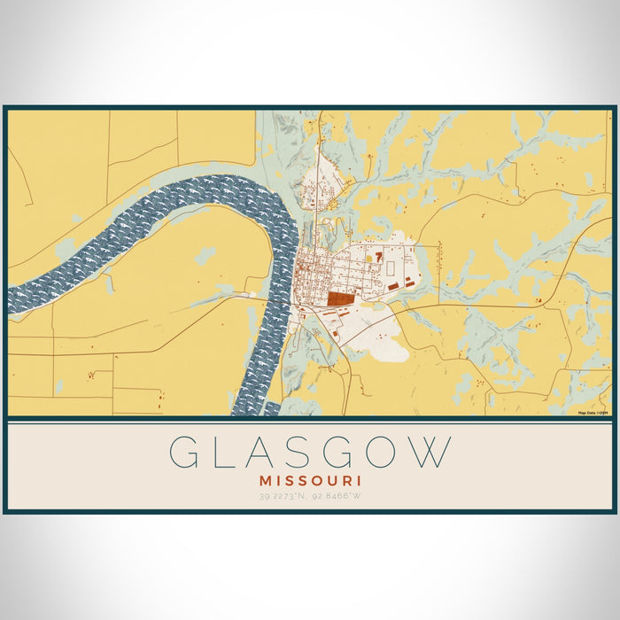 Glasgow Missouri Map Print Landscape Orientation in Woodblock Style With Shaded Background