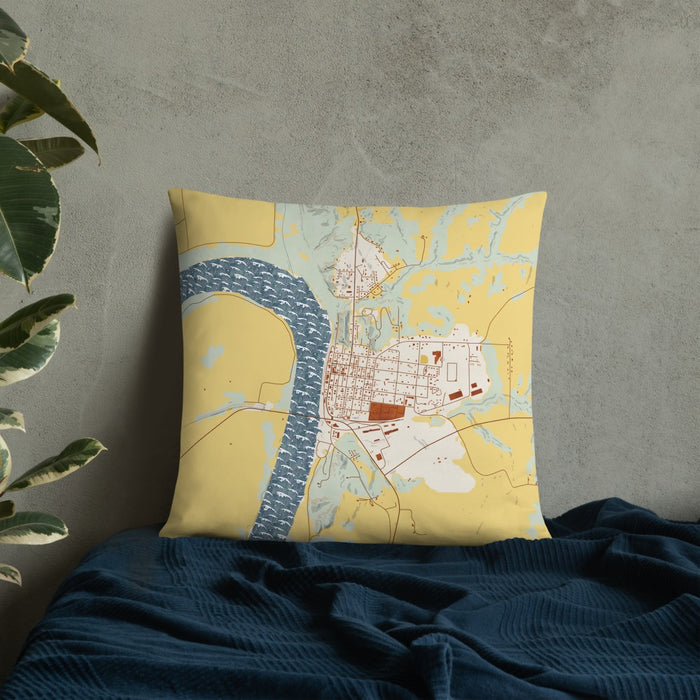 Custom Glasgow Missouri Map Throw Pillow in Woodblock on Bedding Against Wall