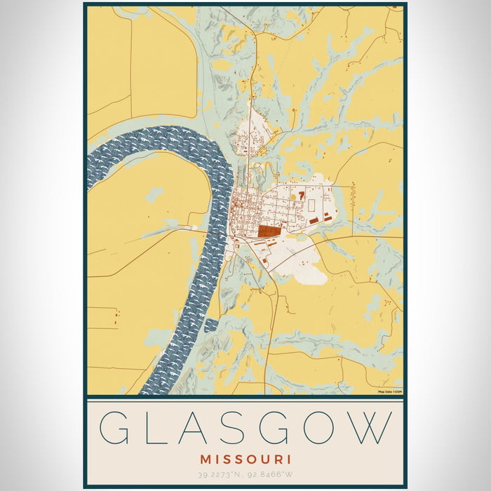 Glasgow Missouri Map Print Portrait Orientation in Woodblock Style With Shaded Background