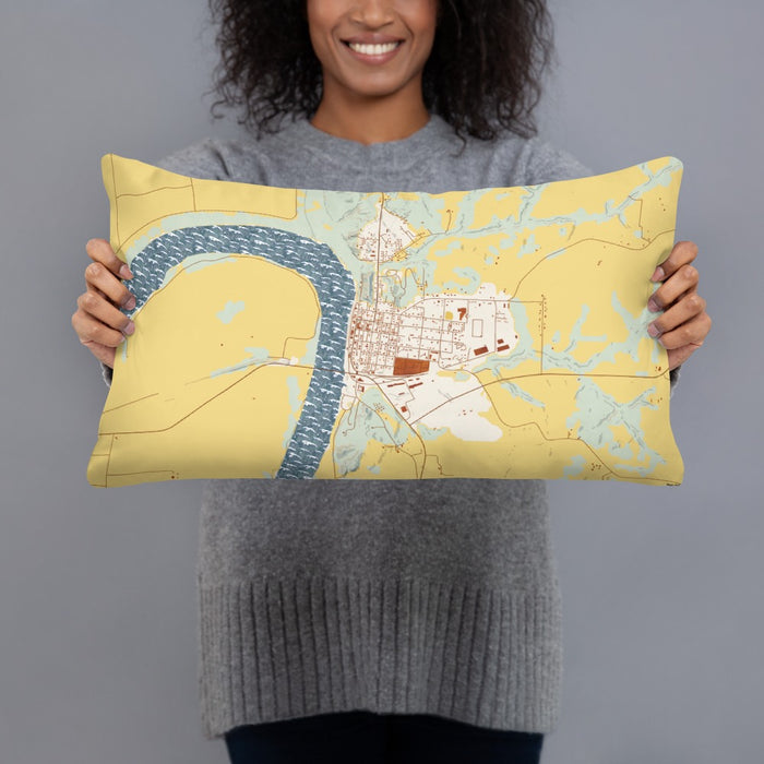 Person holding 20x12 Custom Glasgow Missouri Map Throw Pillow in Woodblock