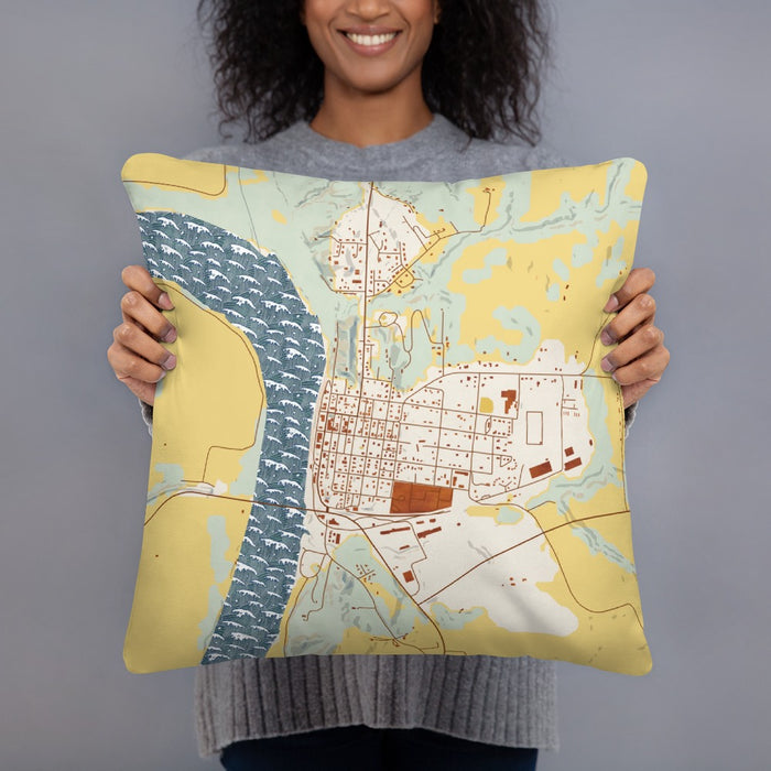 Person holding 18x18 Custom Glasgow Missouri Map Throw Pillow in Woodblock