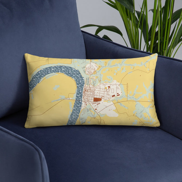 Custom Glasgow Missouri Map Throw Pillow in Woodblock on Blue Colored Chair