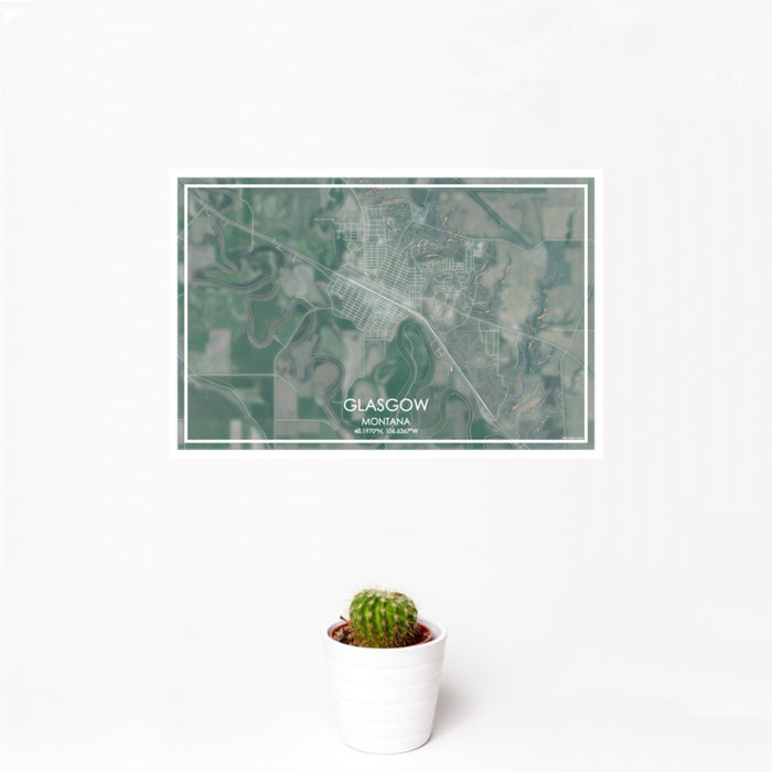12x18 Glasgow Montana Map Print Landscape Orientation in Afternoon Style With Small Cactus Plant in White Planter