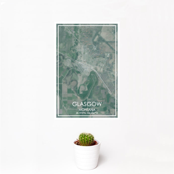 12x18 Glasgow Montana Map Print Portrait Orientation in Afternoon Style With Small Cactus Plant in White Planter