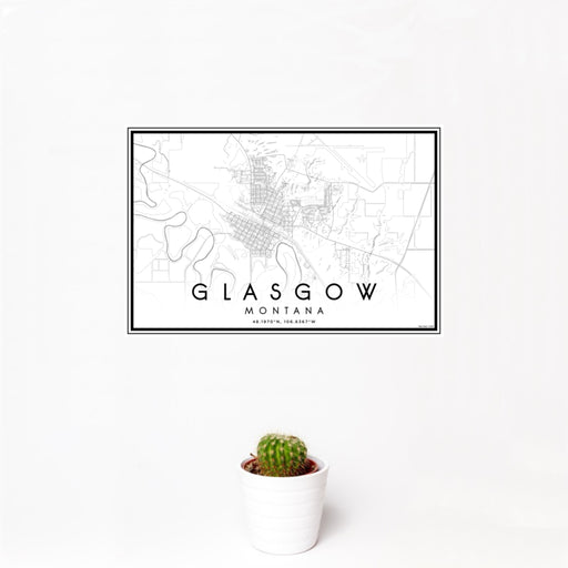 12x18 Glasgow Montana Map Print Landscape Orientation in Classic Style With Small Cactus Plant in White Planter