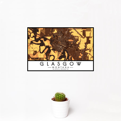 12x18 Glasgow Montana Map Print Landscape Orientation in Ember Style With Small Cactus Plant in White Planter