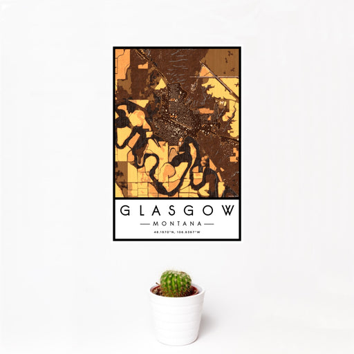 12x18 Glasgow Montana Map Print Portrait Orientation in Ember Style With Small Cactus Plant in White Planter