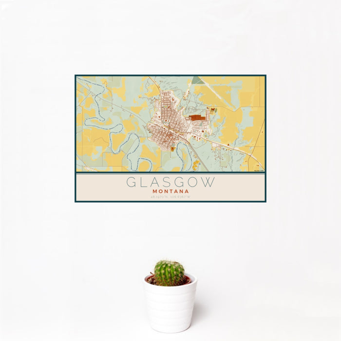 12x18 Glasgow Montana Map Print Landscape Orientation in Woodblock Style With Small Cactus Plant in White Planter