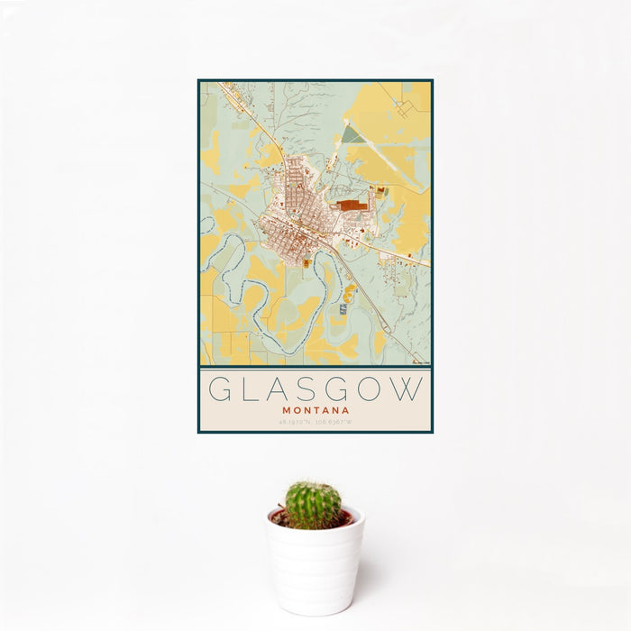 12x18 Glasgow Montana Map Print Portrait Orientation in Woodblock Style With Small Cactus Plant in White Planter