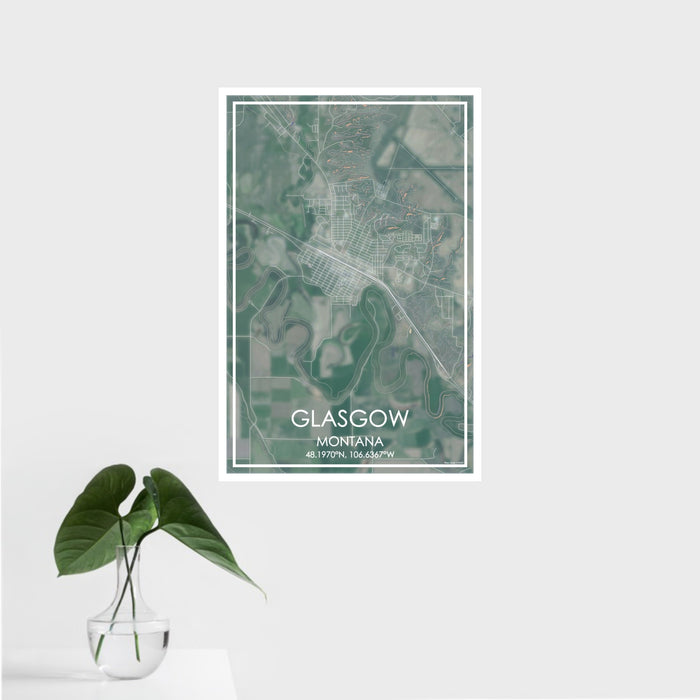 16x24 Glasgow Montana Map Print Portrait Orientation in Afternoon Style With Tropical Plant Leaves in Water