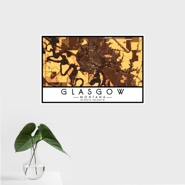 16x24 Glasgow Montana Map Print Landscape Orientation in Ember Style With Tropical Plant Leaves in Water