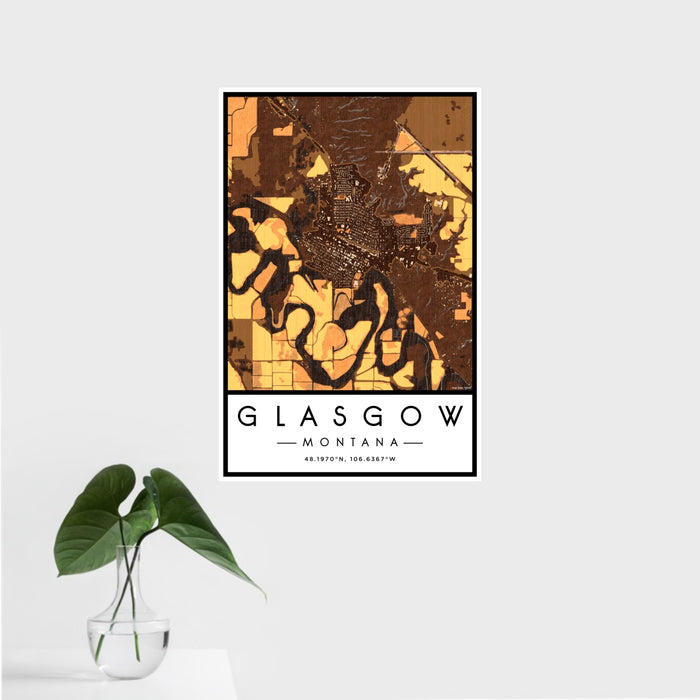 16x24 Glasgow Montana Map Print Portrait Orientation in Ember Style With Tropical Plant Leaves in Water