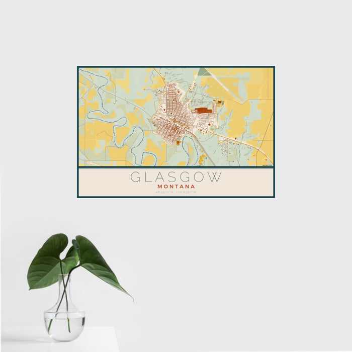 16x24 Glasgow Montana Map Print Landscape Orientation in Woodblock Style With Tropical Plant Leaves in Water
