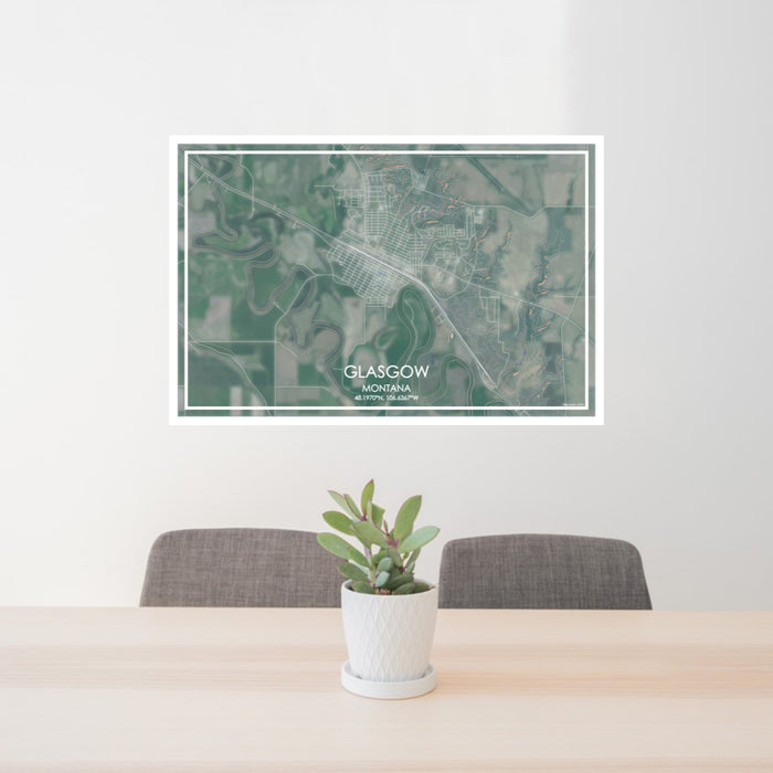 24x36 Glasgow Montana Map Print Lanscape Orientation in Afternoon Style Behind 2 Chairs Table and Potted Plant