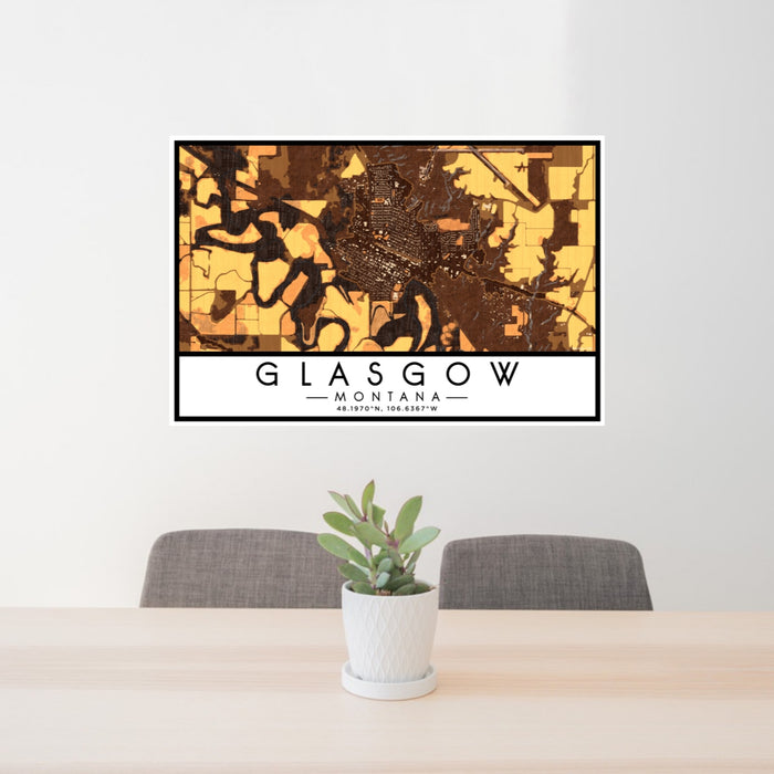 24x36 Glasgow Montana Map Print Lanscape Orientation in Ember Style Behind 2 Chairs Table and Potted Plant