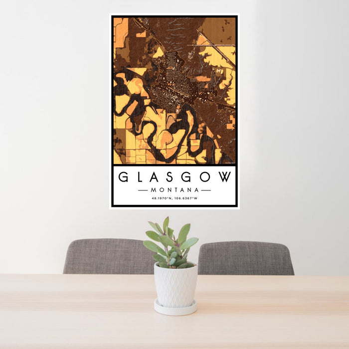 24x36 Glasgow Montana Map Print Portrait Orientation in Ember Style Behind 2 Chairs Table and Potted Plant