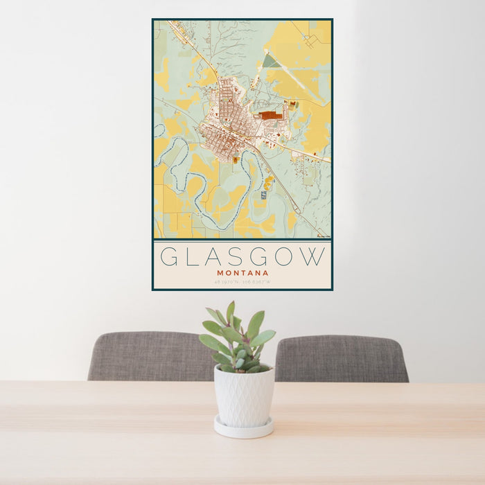 24x36 Glasgow Montana Map Print Portrait Orientation in Woodblock Style Behind 2 Chairs Table and Potted Plant