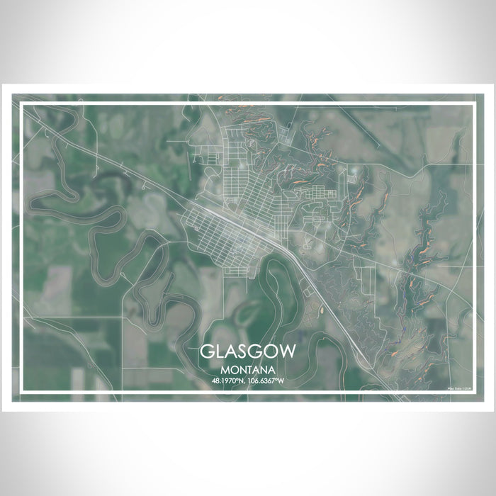 Glasgow Montana Map Print Landscape Orientation in Afternoon Style With Shaded Background