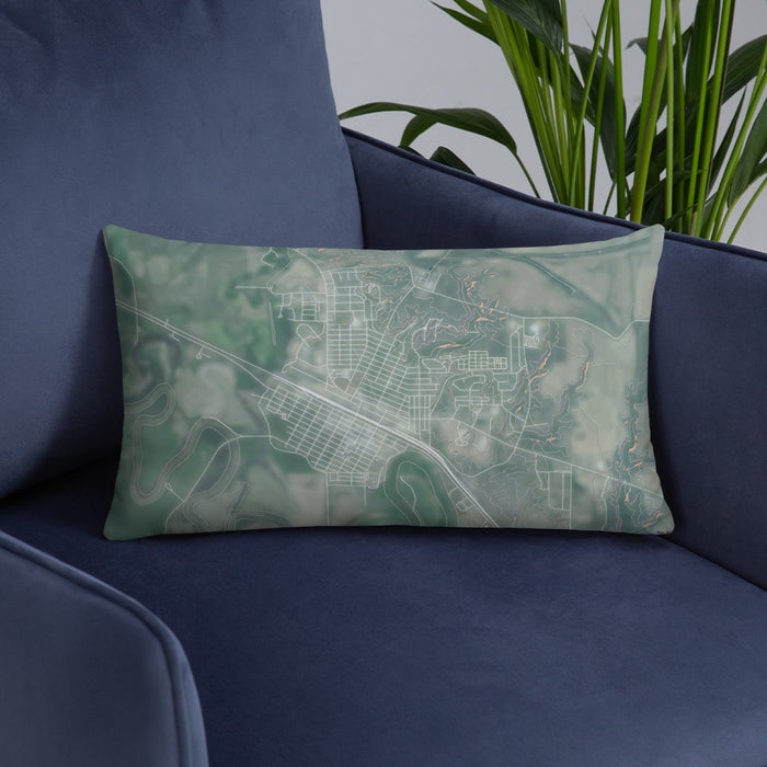 Custom Glasgow Montana Map Throw Pillow in Afternoon on Blue Colored Chair