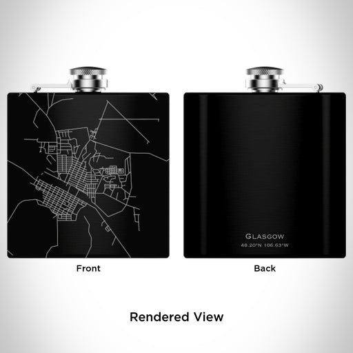 Rendered View of Glasgow Montana Map Engraving on 6oz Stainless Steel Flask in Black