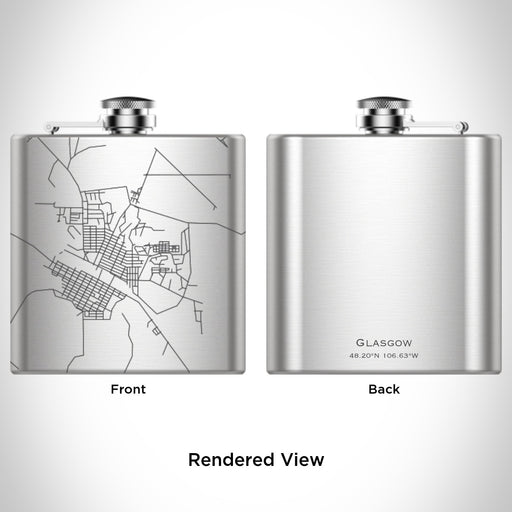 Rendered View of Glasgow Montana Map Engraving on 6oz Stainless Steel Flask